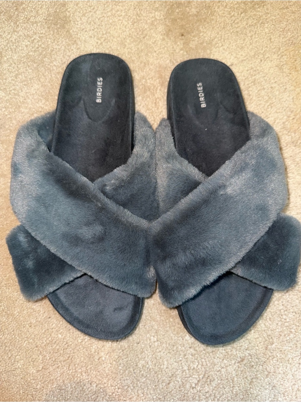 Birdies Gray Faux-Fur Crisscross Slide Slippers